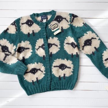 cute cottagecore sweater | 80s 90s vintage Woolrich green wool sheep farm country scenic streetwear aesthetic intarsia cardigan 