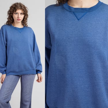 80s Plain Blue Crewneck Sweatshirt - Men's Large | Vintage Distressed Russell Slouchy Long Sleeve Pullover 