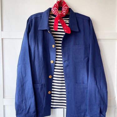 60s Style French Navy Blue Indigo Cotton Twill Canvas Chore Jacket - Wooden Buttons - Various Sizes 