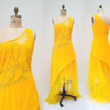 Vintage 00s Y2K Tank Dress Knit Beaded Yellow Sheer Dress Large XL// Yellow Beaded Dress Salsa Sexy One shoulder Asymmetrical Club Dress XL 