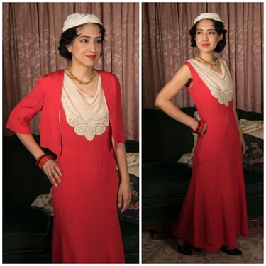 1930s Dress - Sensational Deep Coral Redd and Ivory Studded Silk 30s Gown with Matching Jacket 