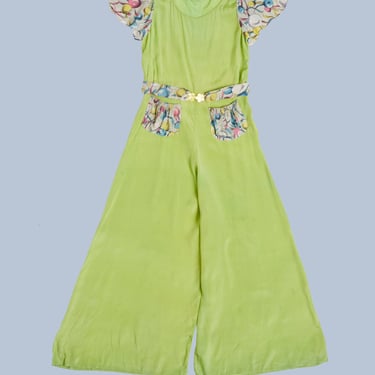 Rare 1930s Beach Pajamas  / 30s Neon Green with Bubble Print Trim Jumpsuit / Flutter Sleeve / Palazzo Leg 