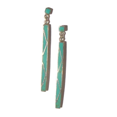 Vintage Zuni Inlay Turquoise Sterling Silver Drop Earrings 