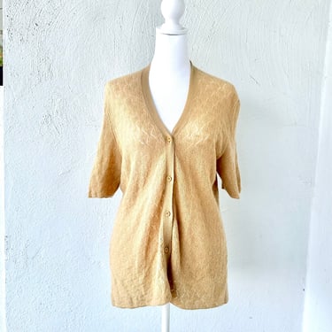 Vintage TSE Cashmere Cardigan 90s Crochet Knit Top Beige Short Sleeve Sweater 