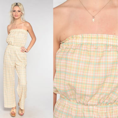 70s Plaid Jumpsuit Strapless Pantsuit Straight Leg Retro Groovy Hippie White Yellow Summer One Piece Checkered Vintage 1970s Small XS S 