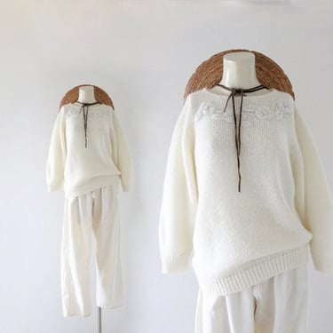 off white wool crewel sweater - m - vintage 80s 90s cream ivory womens Angora pullover size medium sweater 