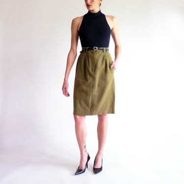 Linen Midi Skirt, Vintage 90s Minimal Skirt, High Waisted Olive Green Skirt, Simple Long Below The Knee Skirt Earth Tone Summer Skirt Size 6 