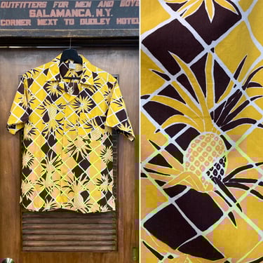 Vintage 1950’s “Shaheen’s” Atomic Pineapple Cotton Loop Collar Hawaiian Shirt, Signed Selvedge, 1950’s Vintage Shirt 