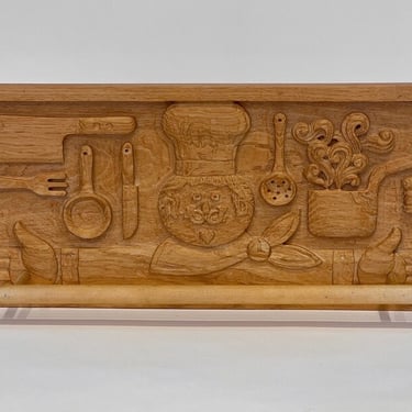 Vintage Carved Chef Wooden Kitchen Wall Hanging With Towel Bar by Evelyn Ackerman for Era