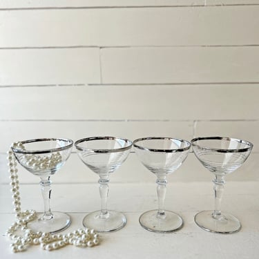 Vintage Chrome Rimmed Glasses, Set of 4 // Vintage Champagne And Wine Glasses 