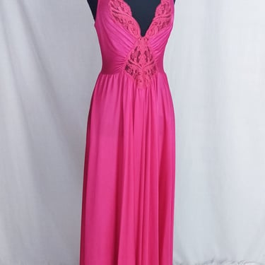Vintage 80s Hot Pink Slip Nightgown // Lace Peek-A-Boo 