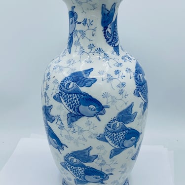 Vintage 12" Large Chinoiseries Koi Fish Porcelain Vase Asian Ginkgo Leaves Blue White 