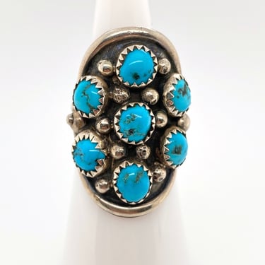 Vintage 7 Stone Turquoise & Sterling Silver Ring Sz 6.5 Navajo Signed EH 