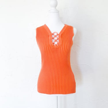 Y2k Orange Clear O-Ring Ribbed Sleeveless Knit Top | Small/Medium/Large 