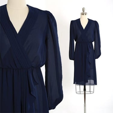 Vintage 80s navy blue semi sheer long sleeve secretary dress 