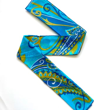 Vintage 60s 70s Sally Gee Paisley Scarf // Blue Green Hair Accessory 