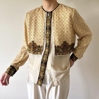 vintage silk blouse button down shirt silk shirt silk top minimalist vest shirt beige 80s retro vintage style size S/M 