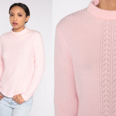 Baby Pink Sweater 90s Ribbed Knit Pullover Sweater Pastel Grunge Pointelle Jumper Crewneck Spring Sweater Retro Vintage 1990s Angora Large L 