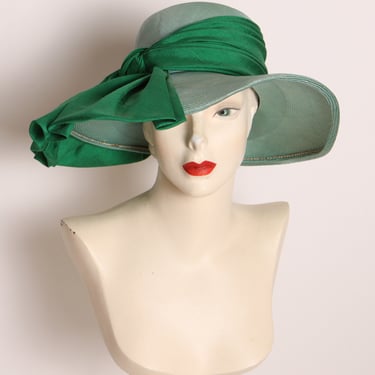1950s Green Wide Brim Bow Detail Formal Hat by Sonni California 