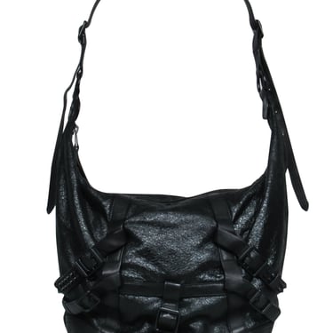 Ash - Black Textured Leather Shoulder Bag w/ Buckles &amp; Studs