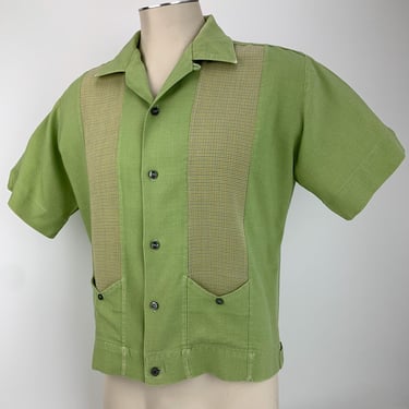 1950'S Shirt-Jac - MAY D & F Label - Checkered Blue Front Panels - 2 low Pockets - Men's Size Medium- as is 