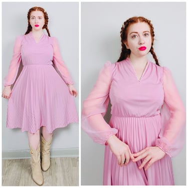 1970s Vintage Pink Lavender Sheer Sleeve Dress / 70s Blouson Sleeve Elastic Waist Disco Dress / Medium - Large 