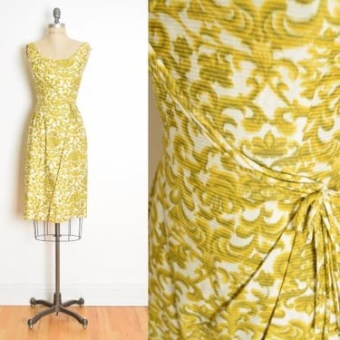 vintage 50s dress green floral print rosette cocktail party wiggle dress XS clothing 