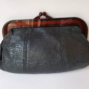 Black purse vegan leather with thick brown lucite trim,1960's 