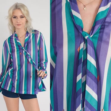 Striped Necktie Blouse 70s 80s Ascot Shirt Preppy Retro Secretary Blouse Long sleeve Button up Top Green Purple White Vintage 1970s Medium M 