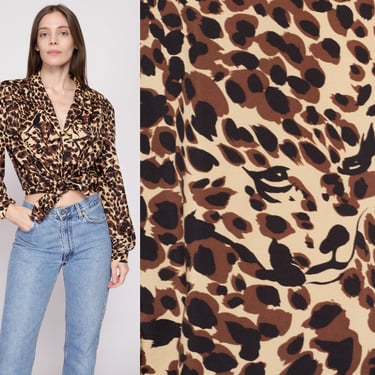XL|. 80s Leopard Print Balloon Sleeve Blouse Extra Large | Vintage Judy Bond Long Sleeve Collared Button Up Top 