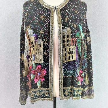 1980s, 1990s, Beaded , Cocktail Jacket, City Nights , Palm Tree, by TOGETHER, Marked size L 