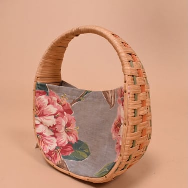 Small Floral Fabric and Rattan Handbag
