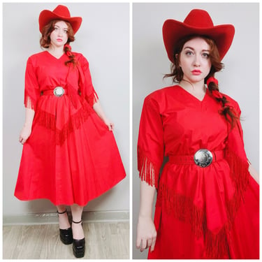 1980s Vintage Deborah Hamann Poly Cotton Fringe Dress / 80s / Eighties Fringed Red Fit and Flare Western Cowgirl Dress / Size XL 