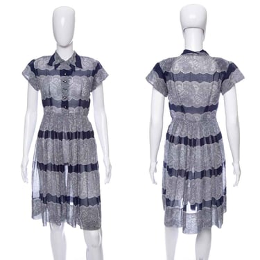 1940's Blue Printed Lace Sheer Day Dress Size S