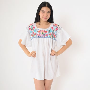 White Mexican Blouse Embroidered Top Peasant Hippie Boho Cotton Tunic Bohemian Floral Vintage Smock Tent Shirt Extra Large xl 