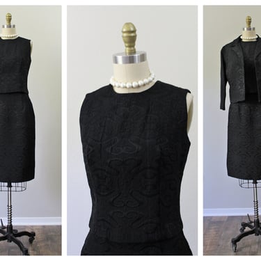 Vintage New with Tag 1950s 60s  Black tapestry Damask Wiggle Dress 3 piece Suit Crop Jacket Jr Theme NY // US 0 2 4 xs s 