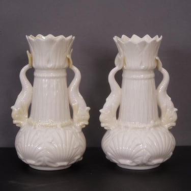 Belleek Dolphin Vases  | 3rd Green Mark Circa 1965-1980 | Irish Porcelain Set of 2 