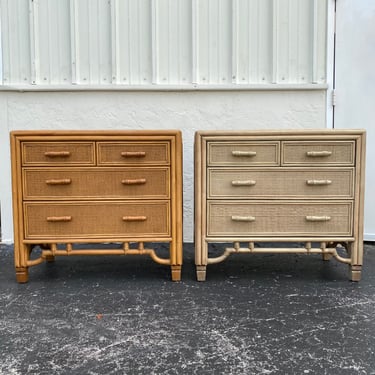 Set of 2 Large Rattan Nightstands with Glass Tops - Oversized Vintage Ficks Reed Style Tables - Hollywood Regency Coastal Furniture Pair 