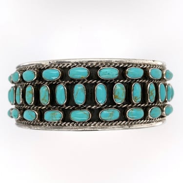 Vintage Mexico Petit Point Turquoise Sterling Silver Cuff Bracelet 3 Rows Signed 