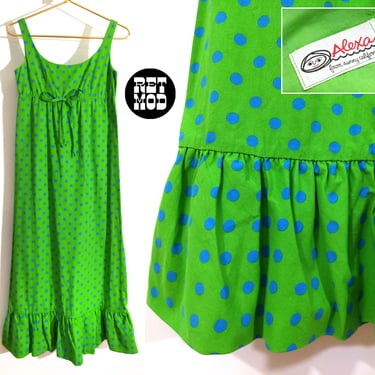 Mod Vintage 60s 70s Green & Blue Polka Dot Babydoll Dress 