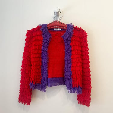 Early 1970s Wool Loop Fringed Sweater Jacket 