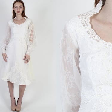 1970s White Chiffon Wedding Dress, 70s Bridal Ceremony Simple Dress, Vintage Floral Lace Formal Outfit 