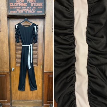 Vintage 1970’s Deadstock Black & White Poly Disco Glam Belted Jumpsuit Outfit, Vintage 1970’s Jumpsuit, NOS, Glam, Disco, Black and White, 