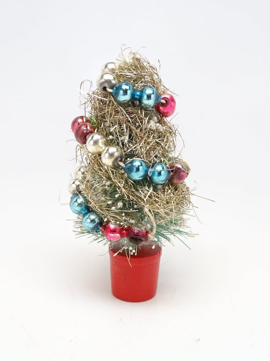 Vintage 1950's Sisal Bottle Brush Christmas Tree with Glass Beads & Tinsel Garland, Antique Decor 