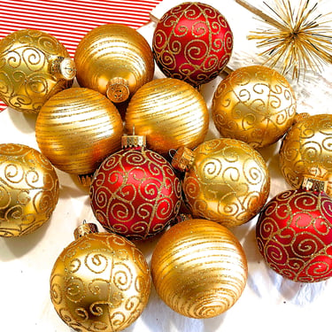 VINTAGE: 13pcs - Glass Ornament - Glittered Decorated Ornaments - Christmas, Holiday, X Mas - SKU Tub-392-00034865 
