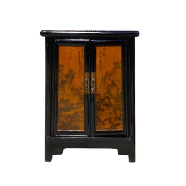 Chinese Distressed Black Yellow Scenery Graphic End Table Nightstand cs7423E 