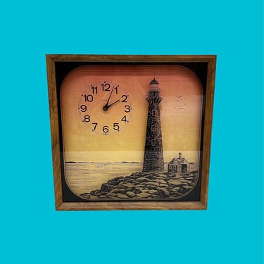 Vintage Wall Clock 1970s Retro Size 19x19 Coastal + Harris and Mallow + Thomas Industries + Lighthouse + Wood Box + Battery + Numbered Face 