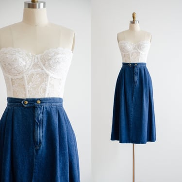denim midi skirt | 80s 90s plus size vintage dark wash jean skirt 