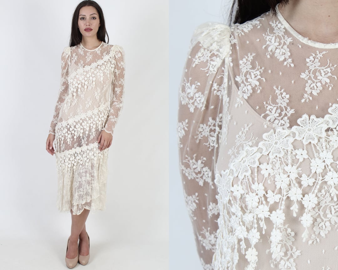 1980's Art Deco Floral Lace Dress, Vintage See Through Sheer | American