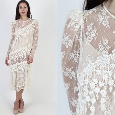1980's Art Deco Floral Lace Dress, Vintage See Through Sheer Ivory Wedding Gown 